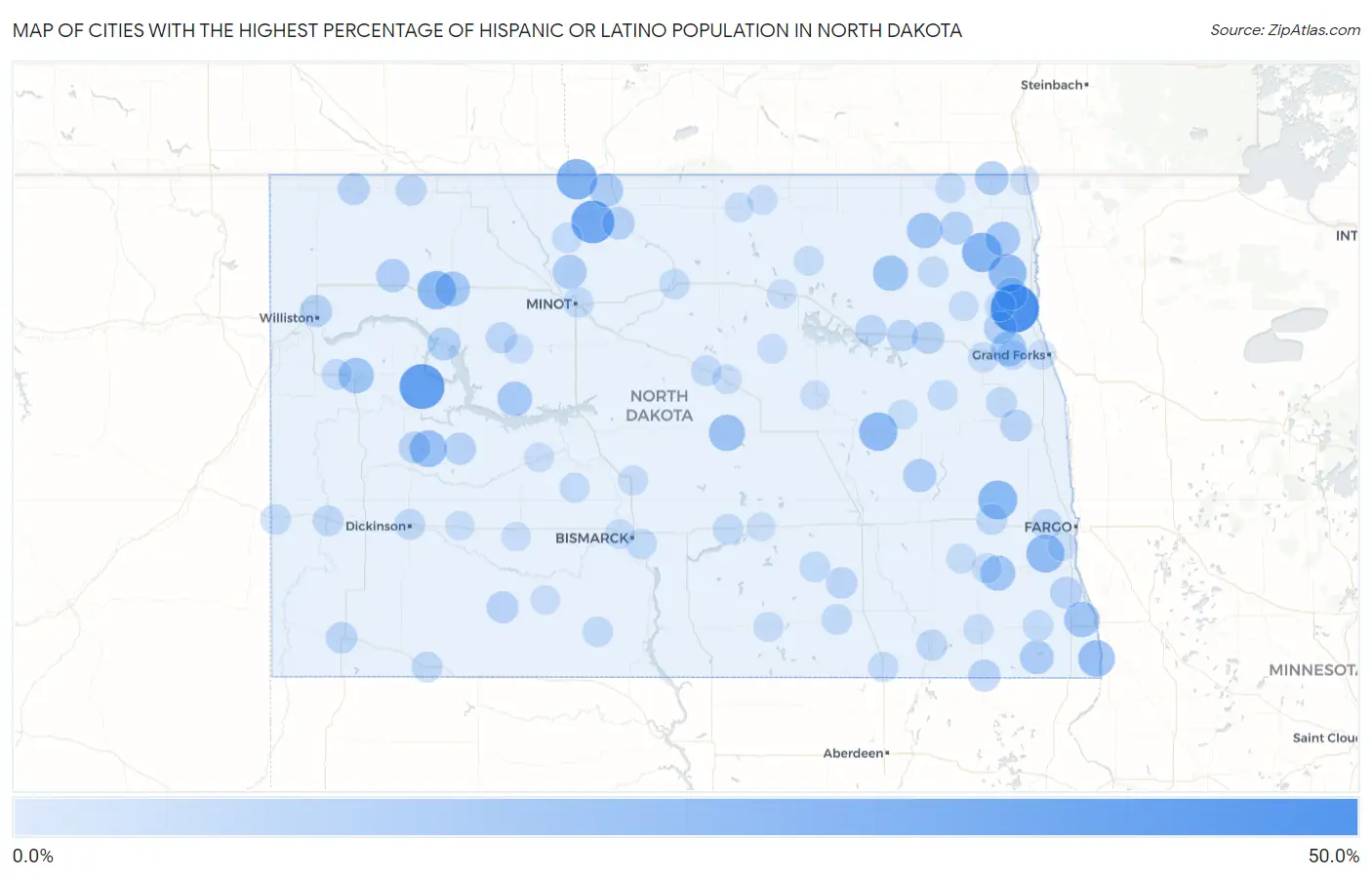 Cities with the Highest Percentage of Hispanic or Latino Population in North Dakota Map