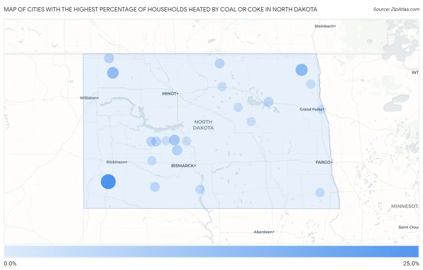 Cities with the Highest Percentage of Households Heated by Coal or Coke in North Dakota Map