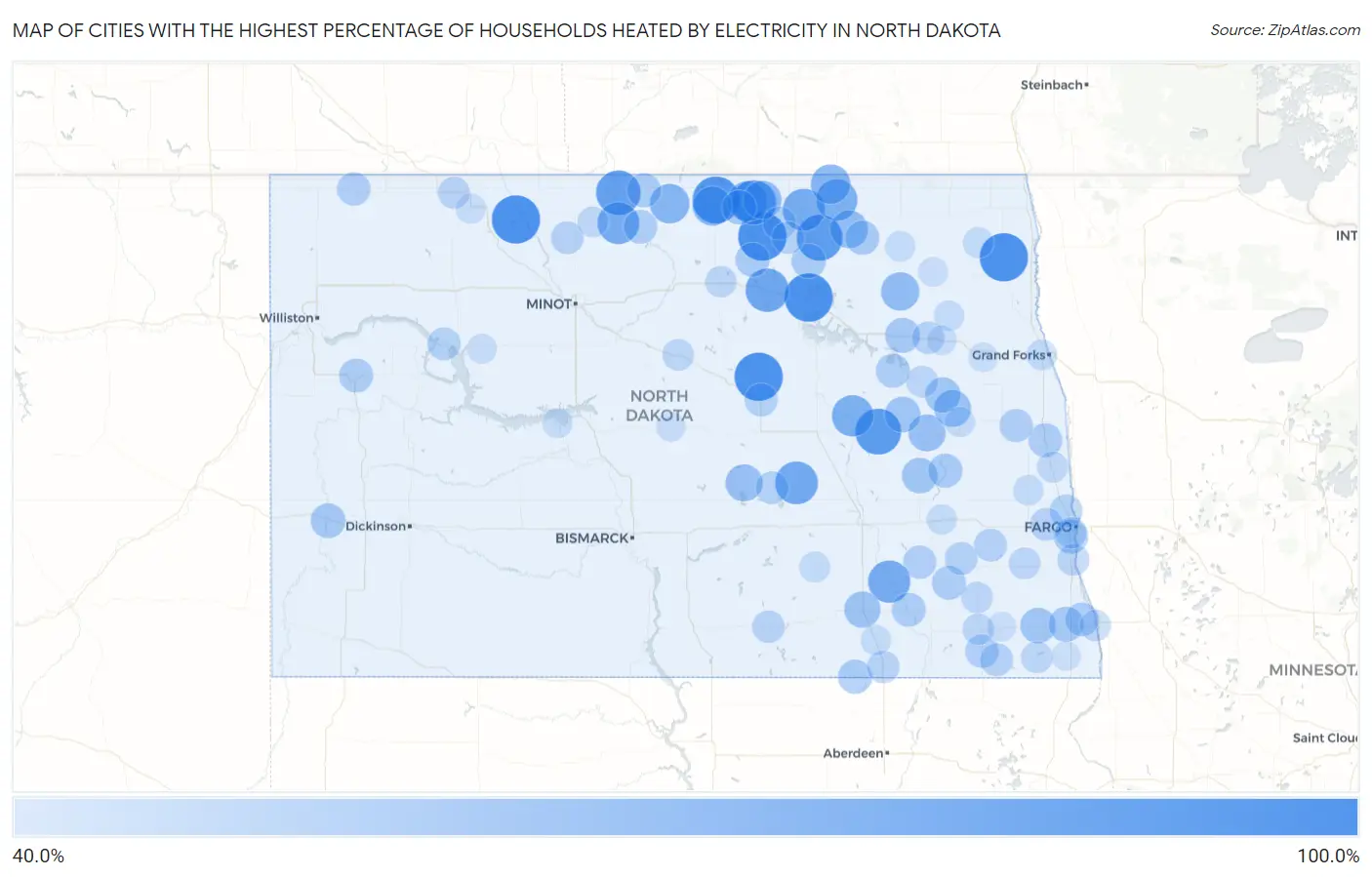 Cities with the Highest Percentage of Households Heated by Electricity in North Dakota Map