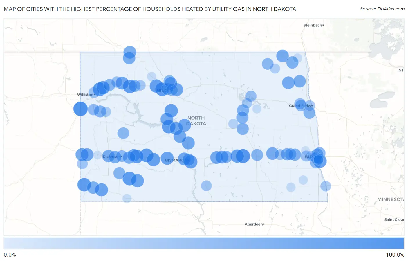 Cities with the Highest Percentage of Households Heated by Utility Gas in North Dakota Map