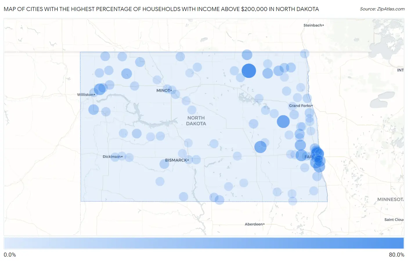 Cities with the Highest Percentage of Households with Income Above $200,000 in North Dakota Map