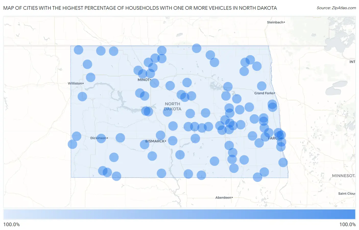 Cities with the Highest Percentage of Households With One or more Vehicles in North Dakota Map