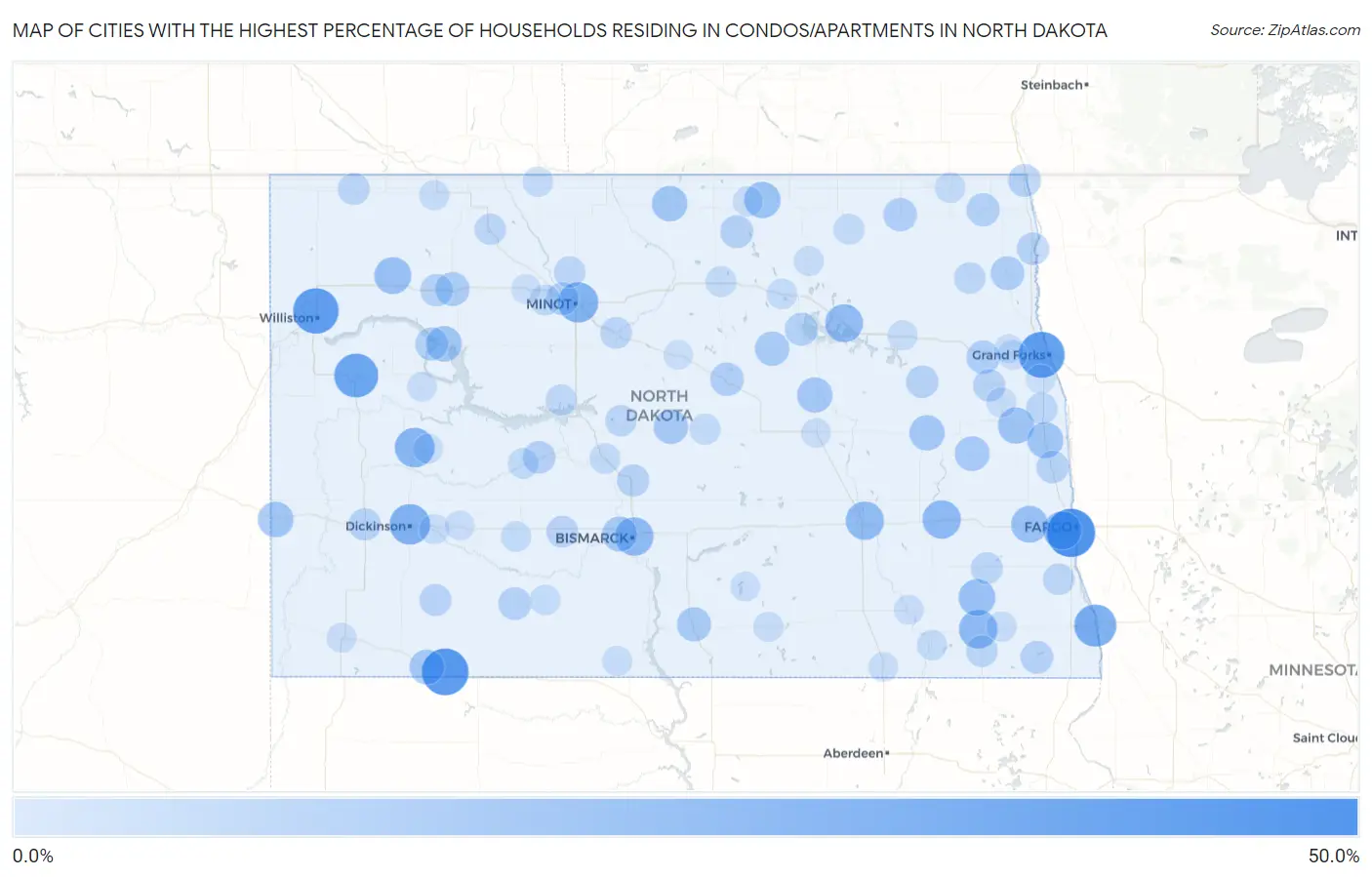 Cities with the Highest Percentage of Households Residing in Condos/Apartments in North Dakota Map