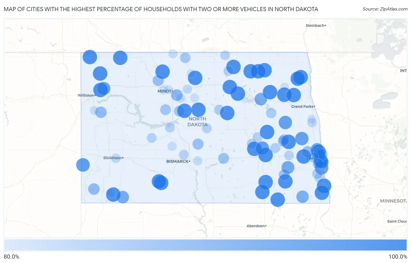 Cities with the Highest Percentage of Households With Two or more Vehicles in North Dakota Map