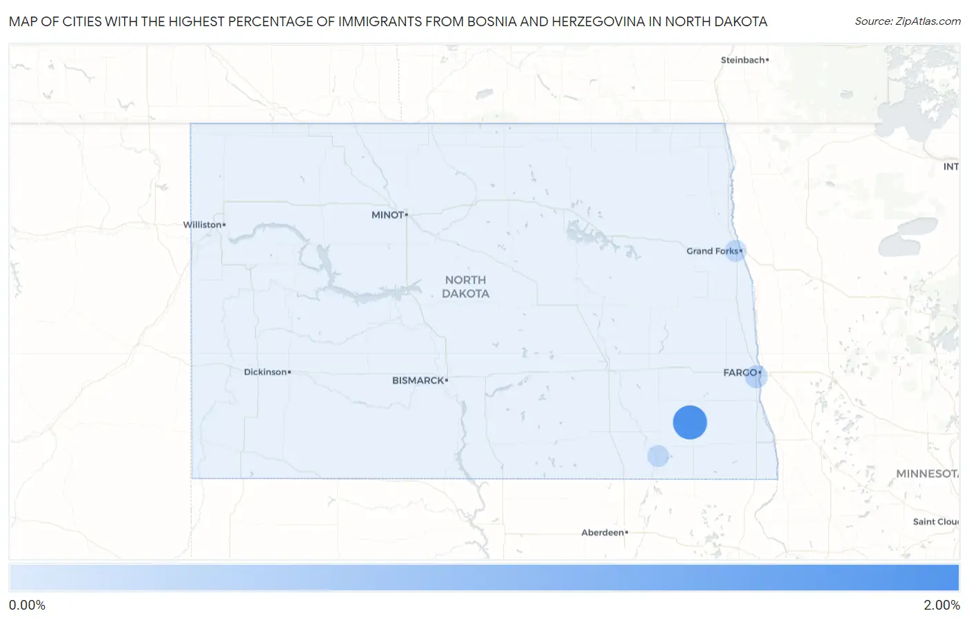 Cities with the Highest Percentage of Immigrants from Bosnia and Herzegovina in North Dakota Map