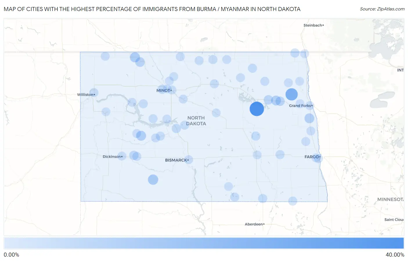 Cities with the Highest Percentage of Immigrants from Burma / Myanmar in North Dakota Map