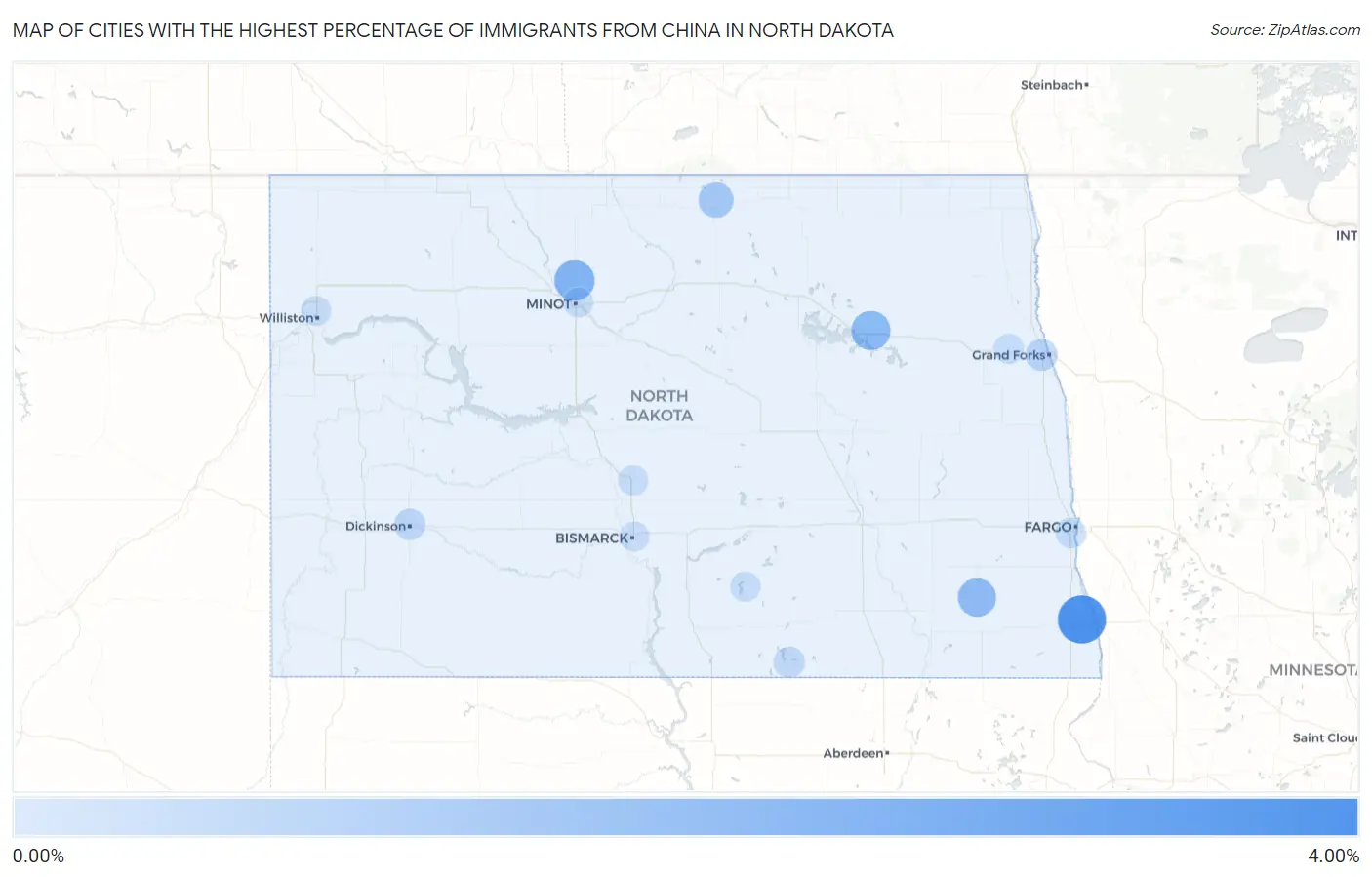 Cities with the Highest Percentage of Immigrants from China in North Dakota Map