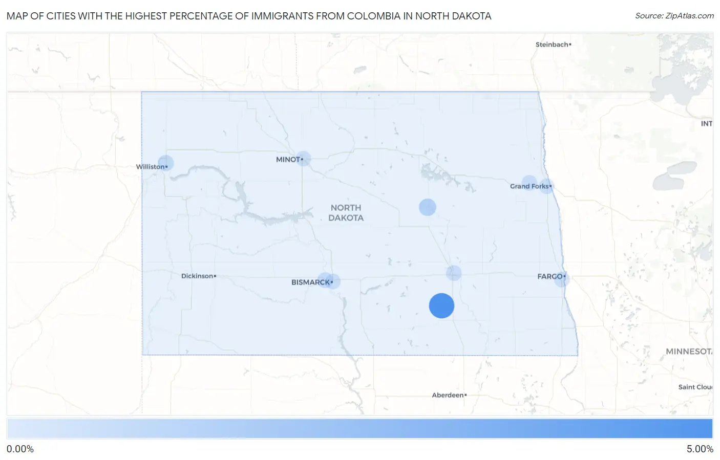 Cities with the Highest Percentage of Immigrants from Colombia in North Dakota Map