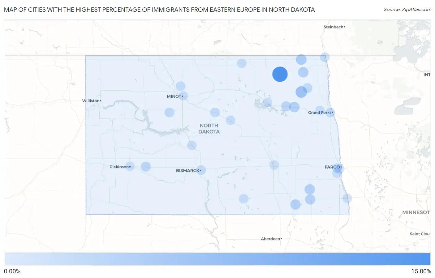 Cities with the Highest Percentage of Immigrants from Eastern Europe in North Dakota Map