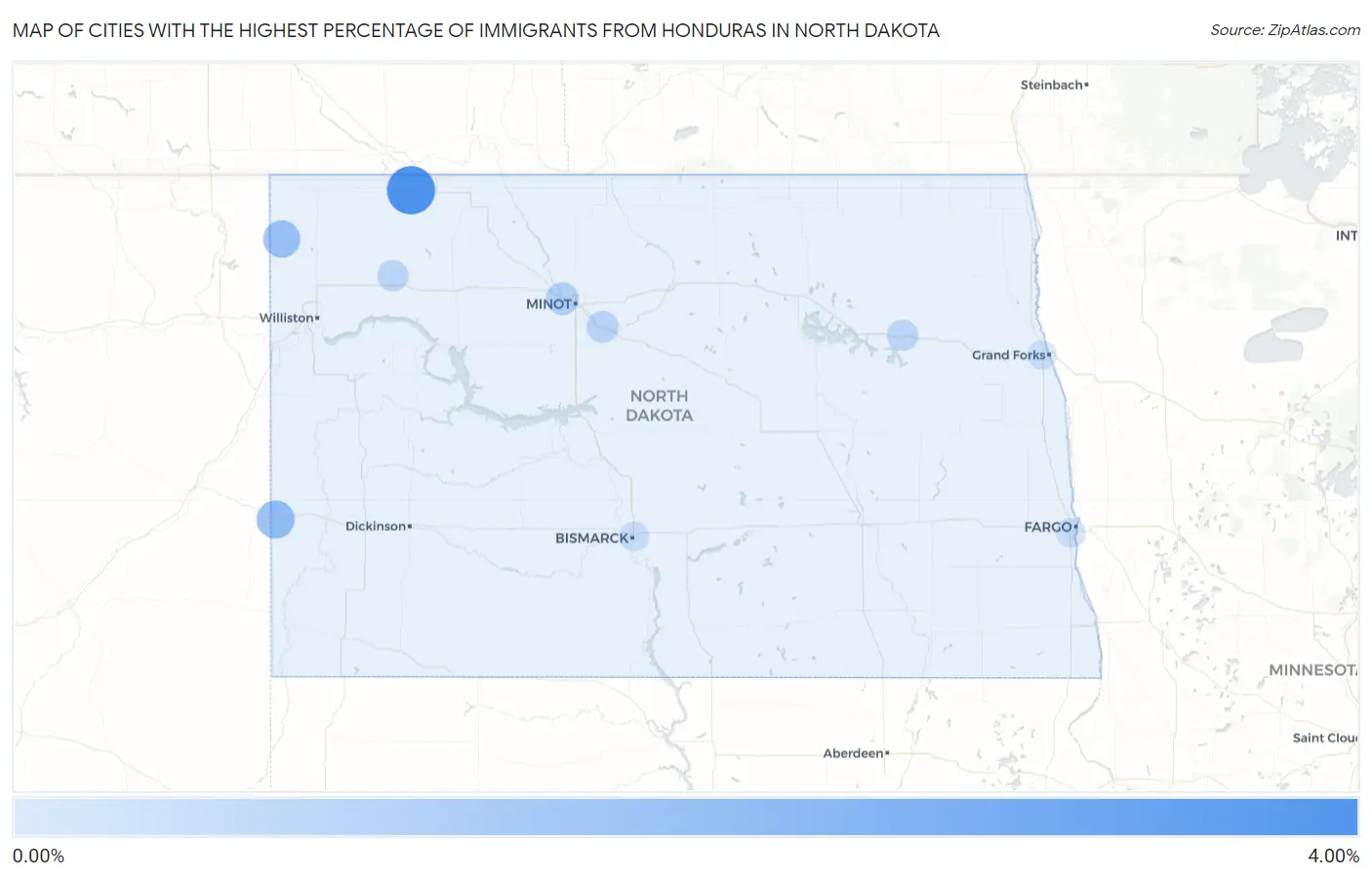 Cities with the Highest Percentage of Immigrants from Honduras in North Dakota Map