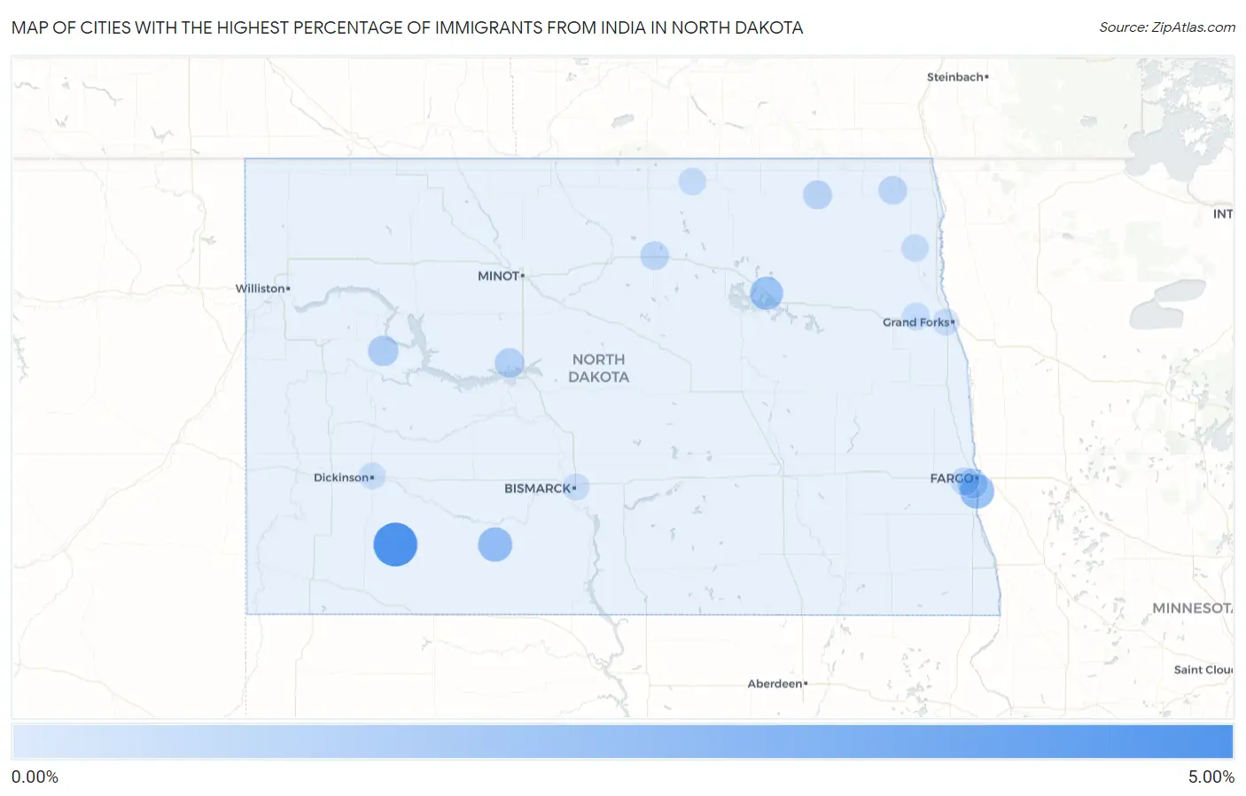 Cities with the Highest Percentage of Immigrants from India in North Dakota Map