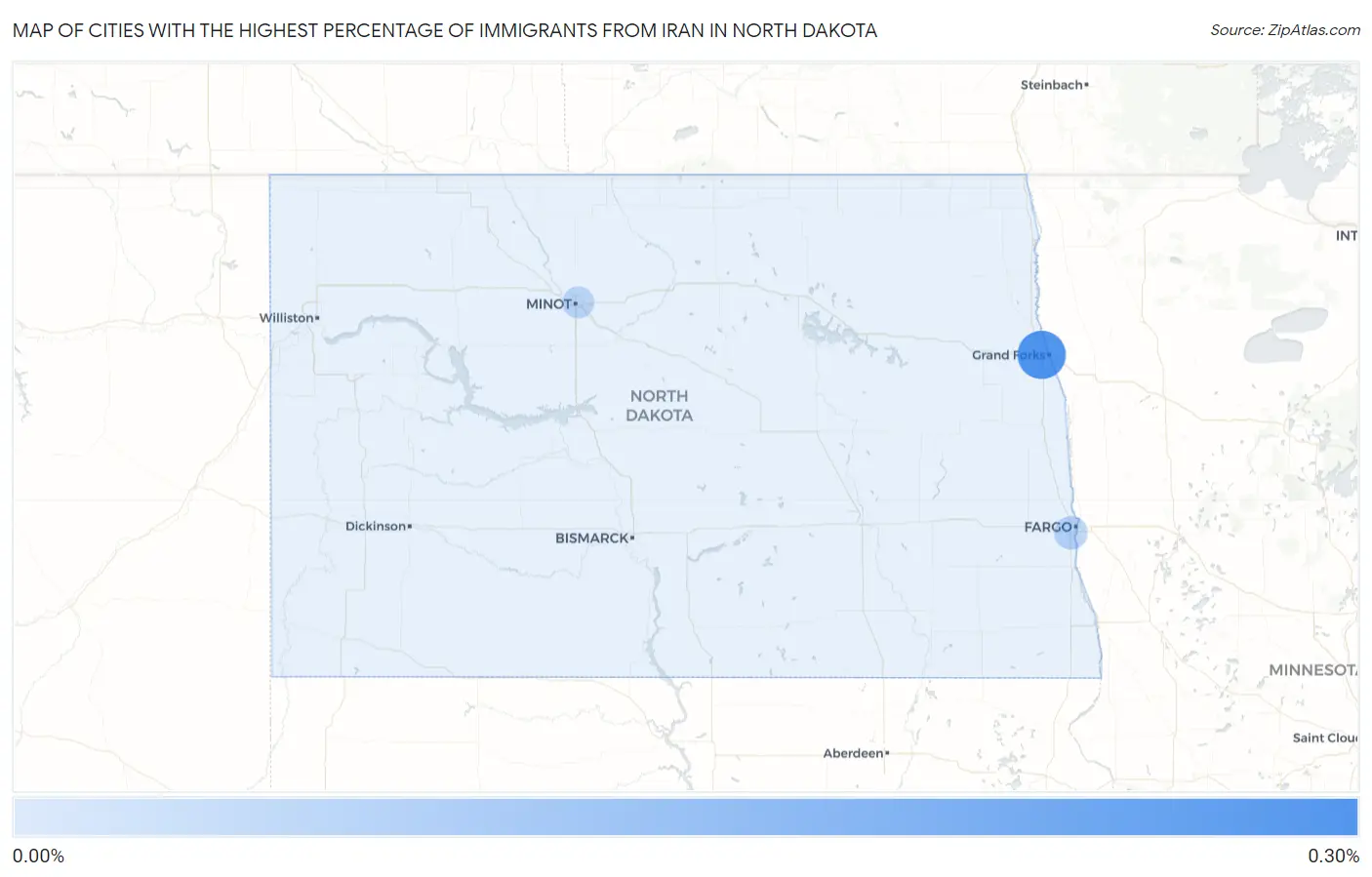 Cities with the Highest Percentage of Immigrants from Iran in North Dakota Map