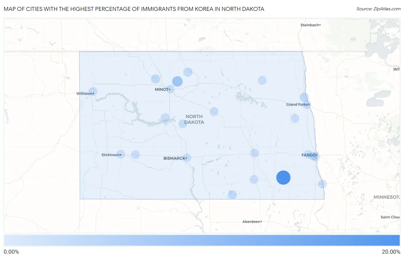 Cities with the Highest Percentage of Immigrants from Korea in North Dakota Map