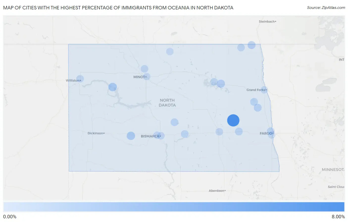 Cities with the Highest Percentage of Immigrants from Oceania in North Dakota Map