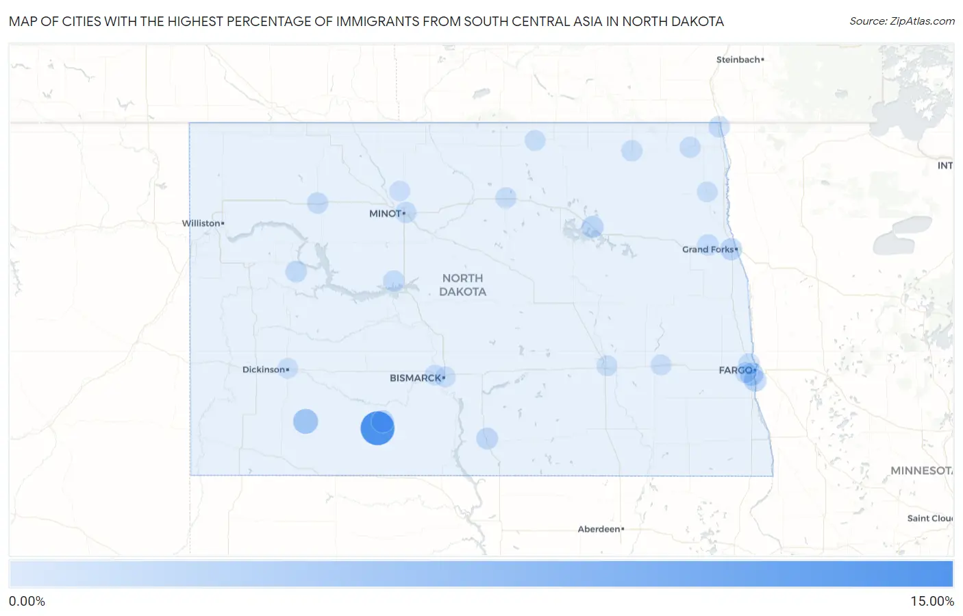 Cities with the Highest Percentage of Immigrants from South Central Asia in North Dakota Map