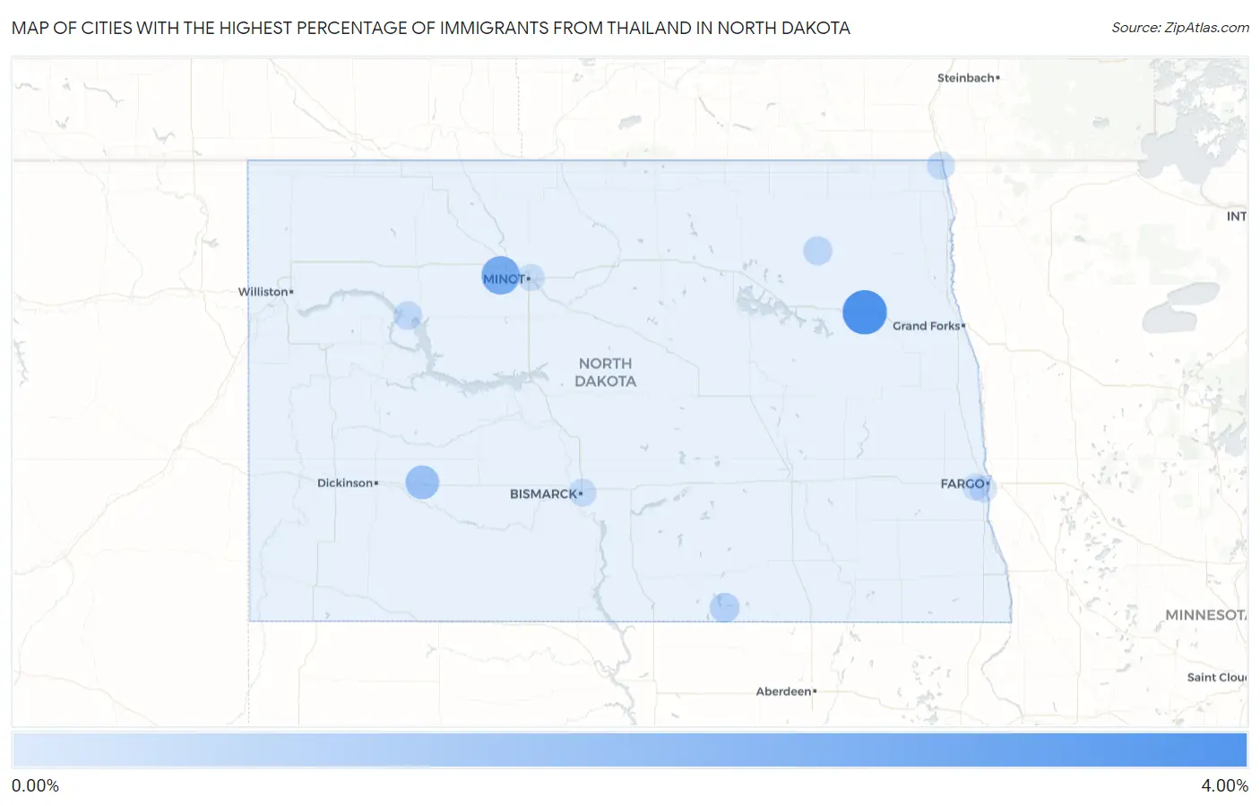 Cities with the Highest Percentage of Immigrants from Thailand in North Dakota Map
