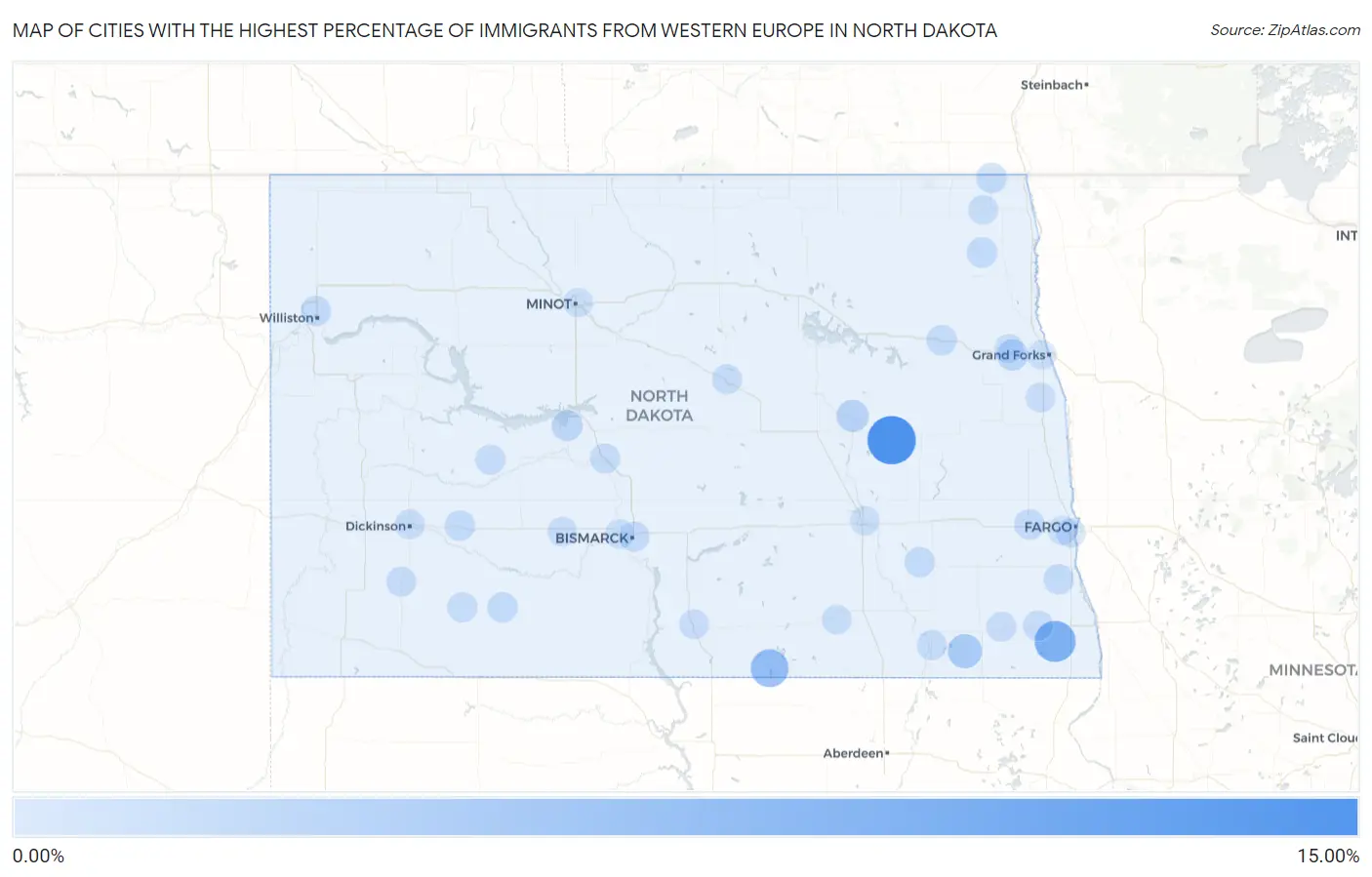 Cities with the Highest Percentage of Immigrants from Western Europe in North Dakota Map