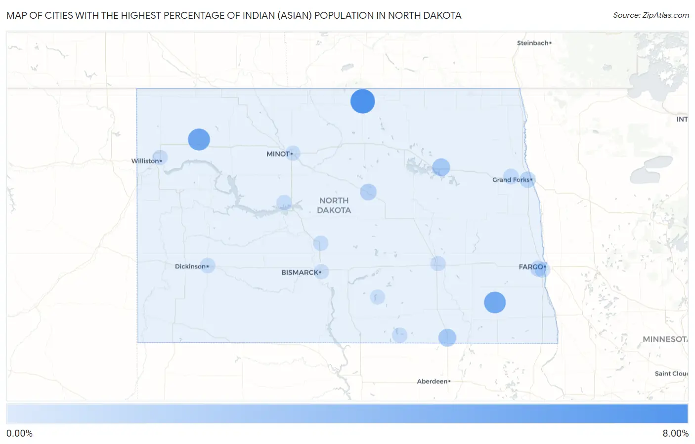 Cities with the Highest Percentage of Indian (Asian) Population in North Dakota Map