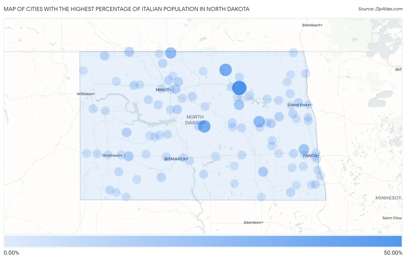Cities with the Highest Percentage of Italian Population in North Dakota Map