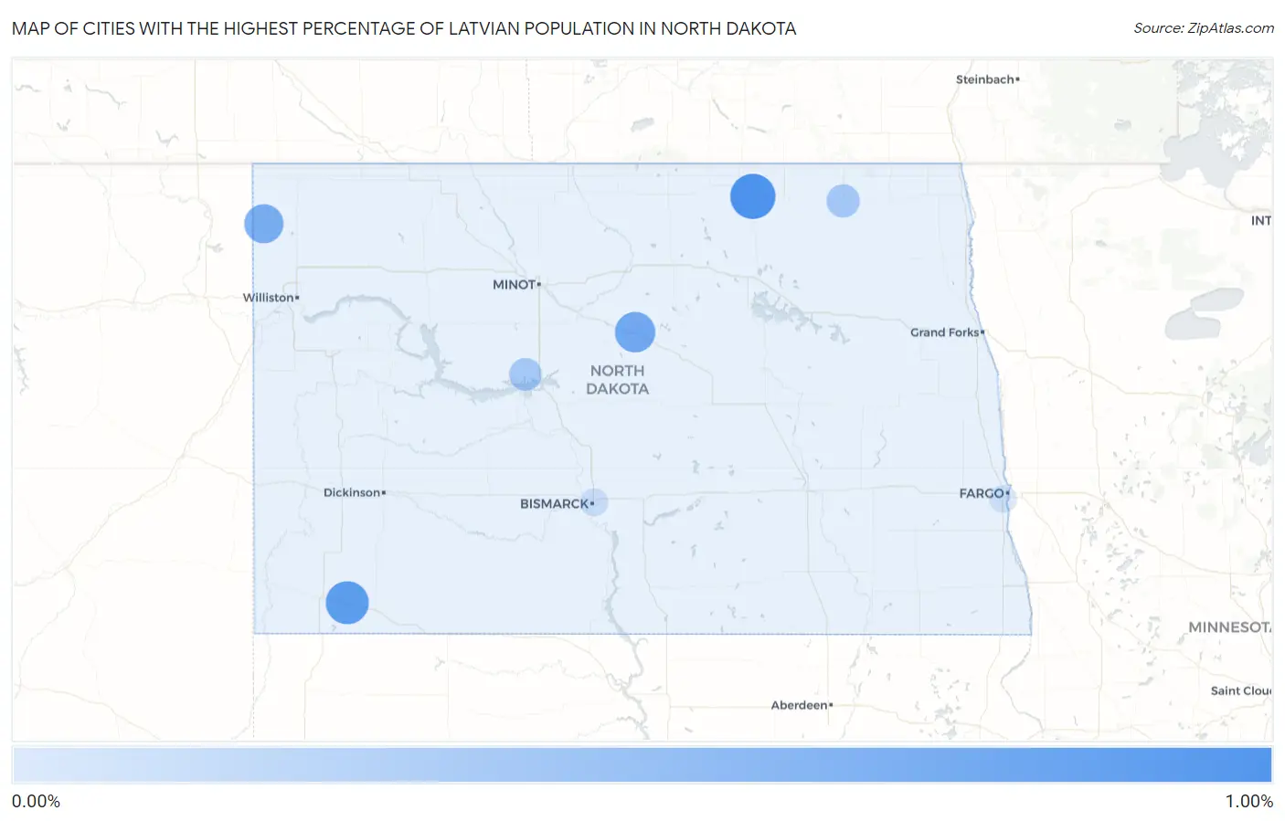 Cities with the Highest Percentage of Latvian Population in North Dakota Map