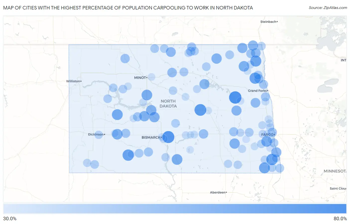 Cities with the Highest Percentage of Population Carpooling to Work in North Dakota Map