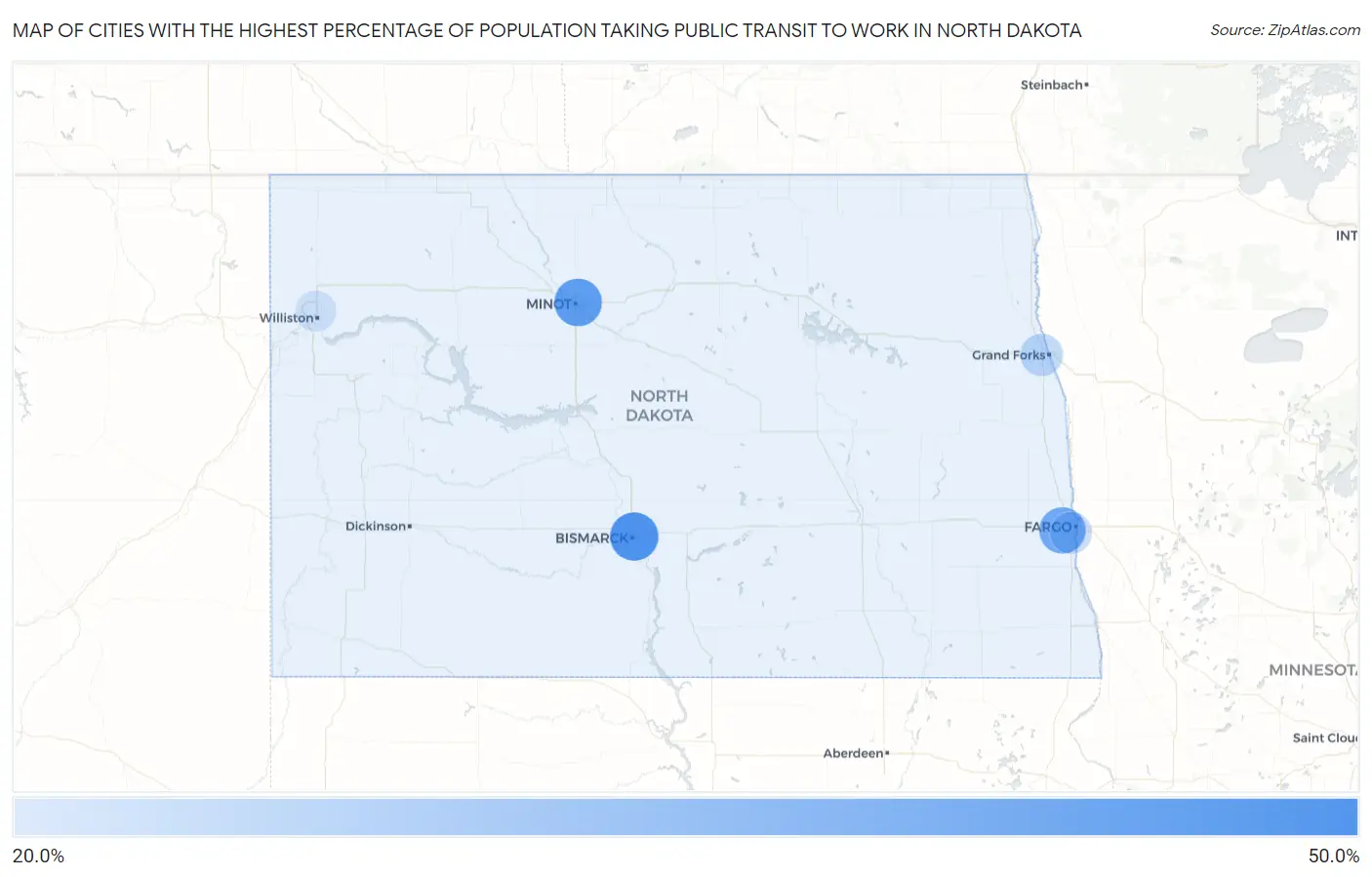 Cities with the Highest Percentage of Population Taking Public Transit to Work in North Dakota Map