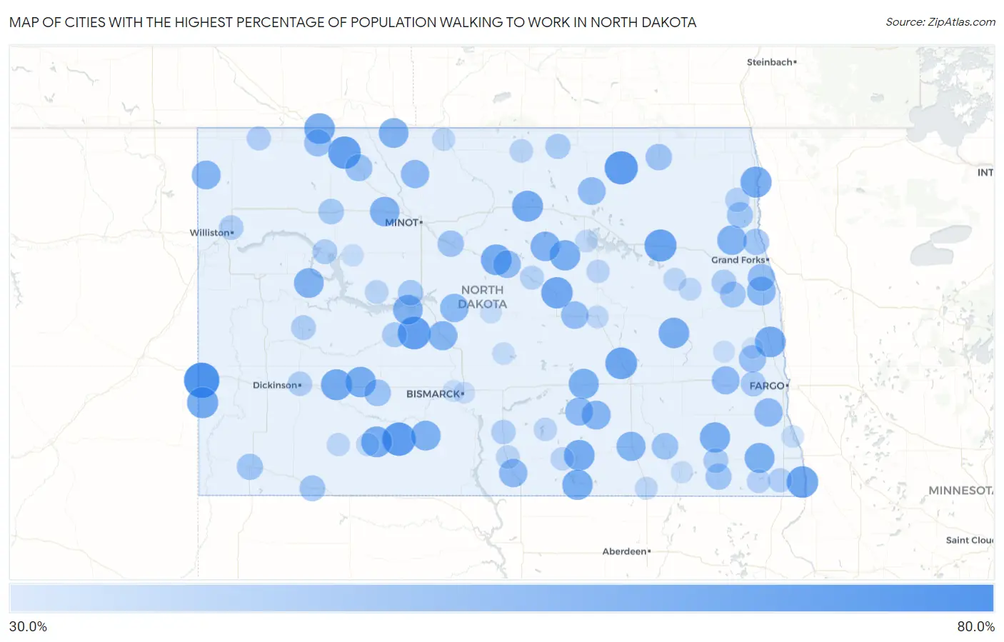 Cities with the Highest Percentage of Population Walking to Work in North Dakota Map