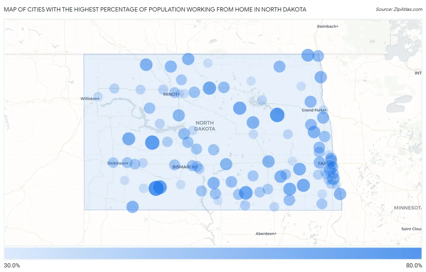 Cities with the Highest Percentage of Population Working from Home in North Dakota Map