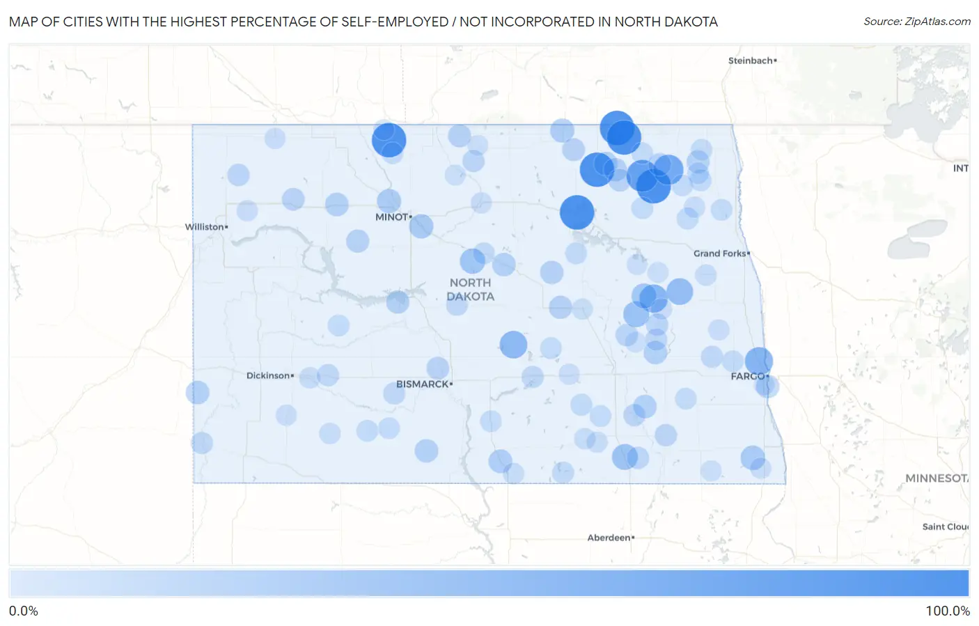 Cities with the Highest Percentage of Self-Employed / Not Incorporated in North Dakota Map