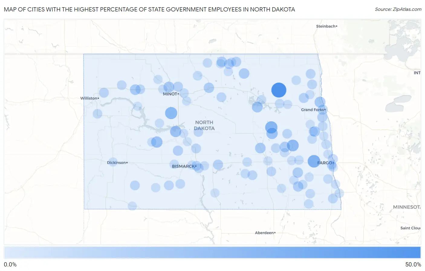 Cities with the Highest Percentage of State Government Employees in North Dakota Map