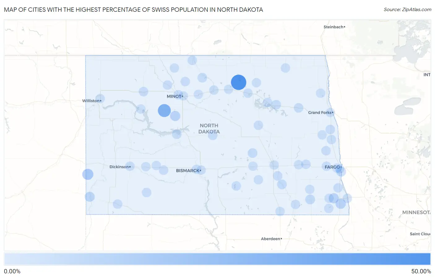Cities with the Highest Percentage of Swiss Population in North Dakota Map