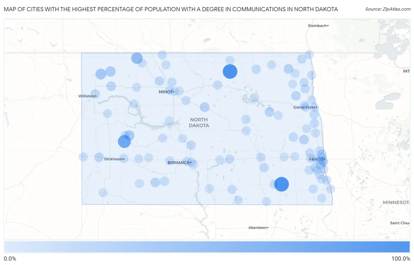 Cities with the Highest Percentage of Population with a Degree in Communications in North Dakota Map