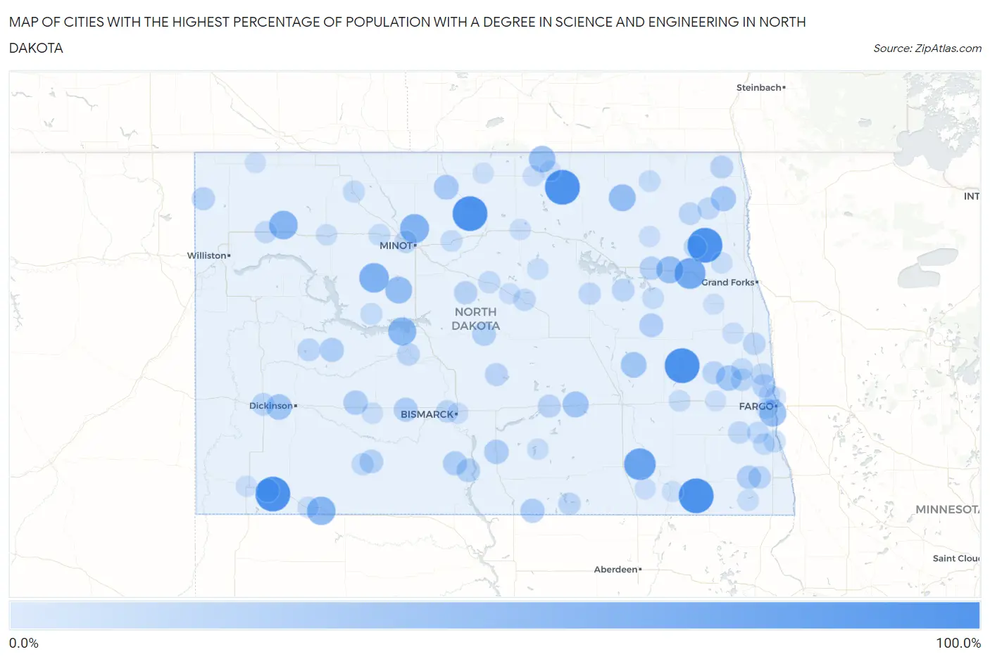 Cities with the Highest Percentage of Population with a Degree in Science and Engineering in North Dakota Map