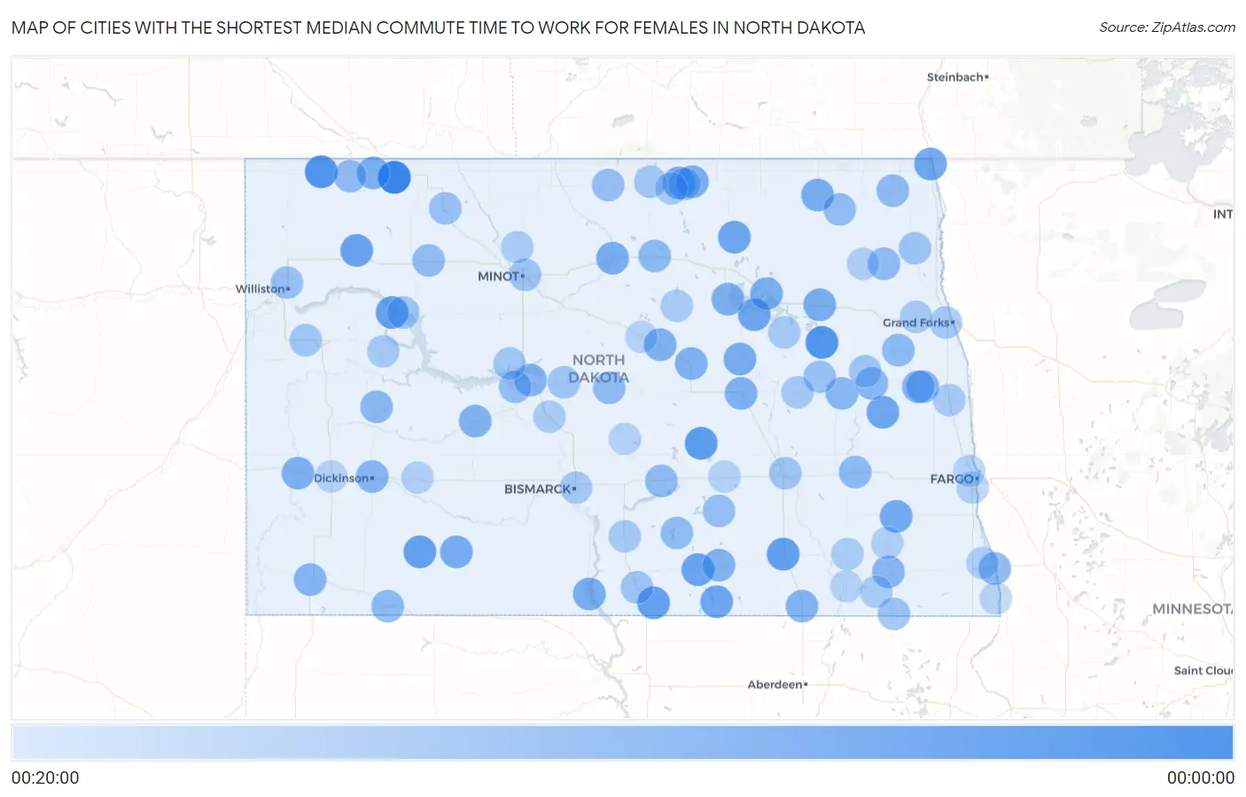 Cities with the Shortest Median Commute Time to Work for Females in North Dakota Map