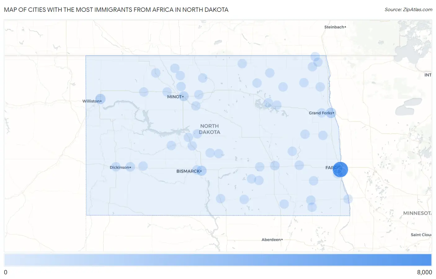 Cities with the Most Immigrants from Africa in North Dakota Map