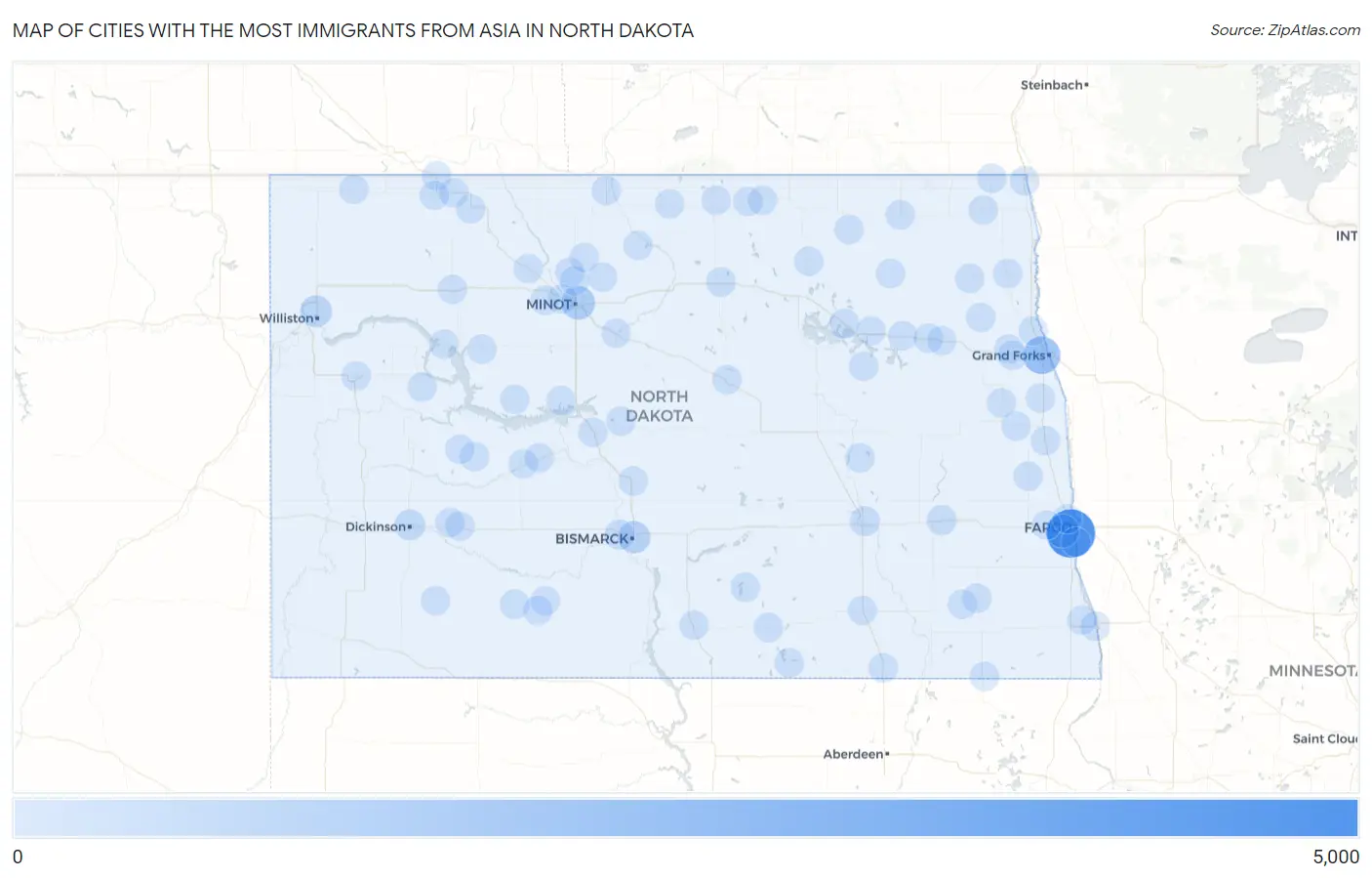 Cities with the Most Immigrants from Asia in North Dakota Map