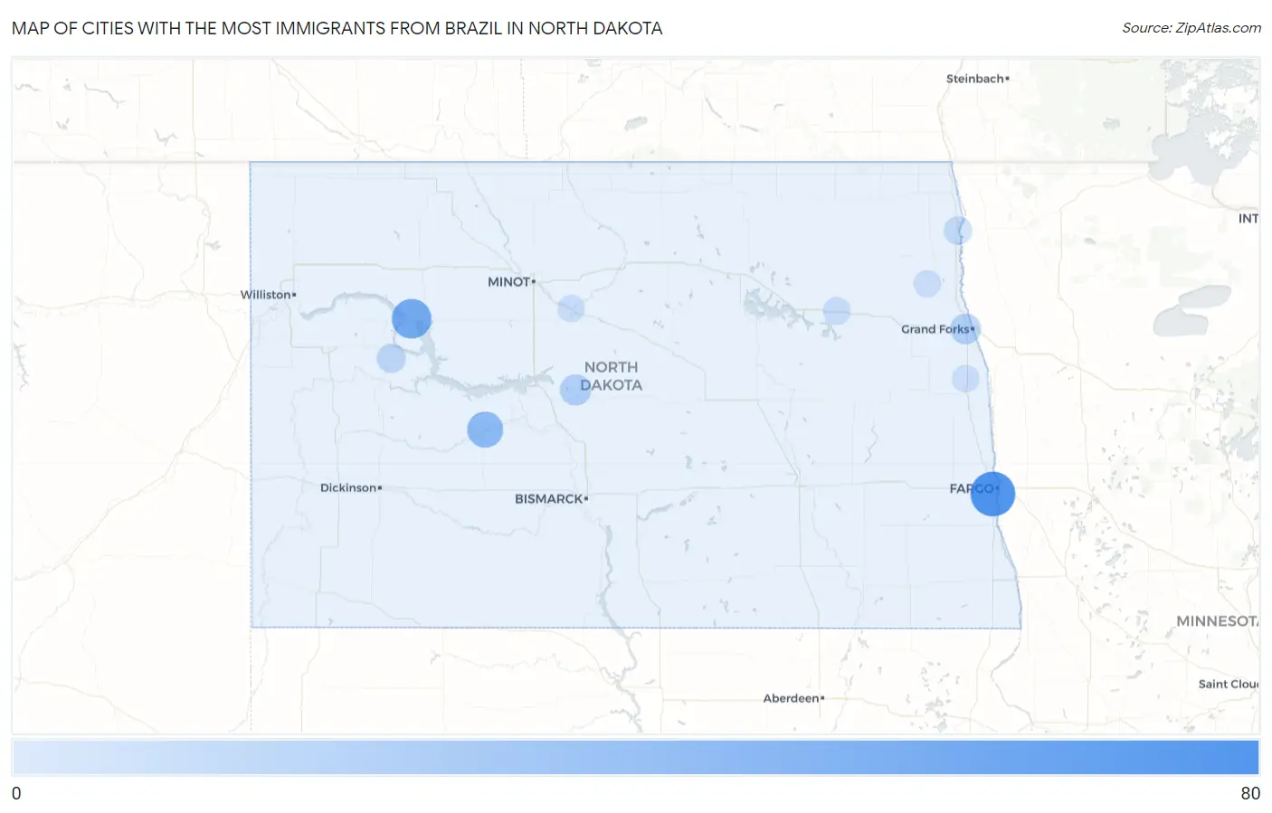 Cities with the Most Immigrants from Brazil in North Dakota Map