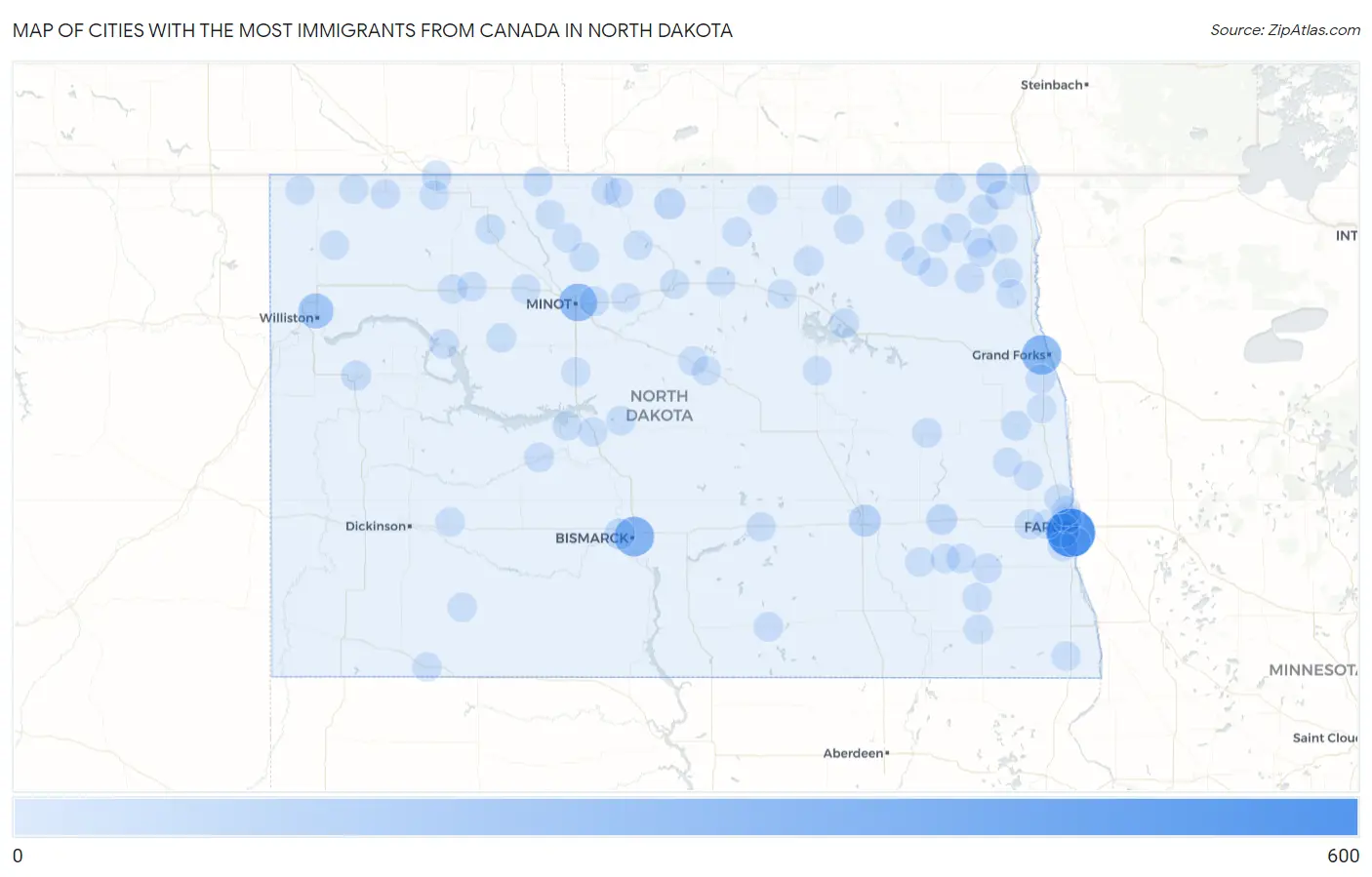 Cities with the Most Immigrants from Canada in North Dakota Map
