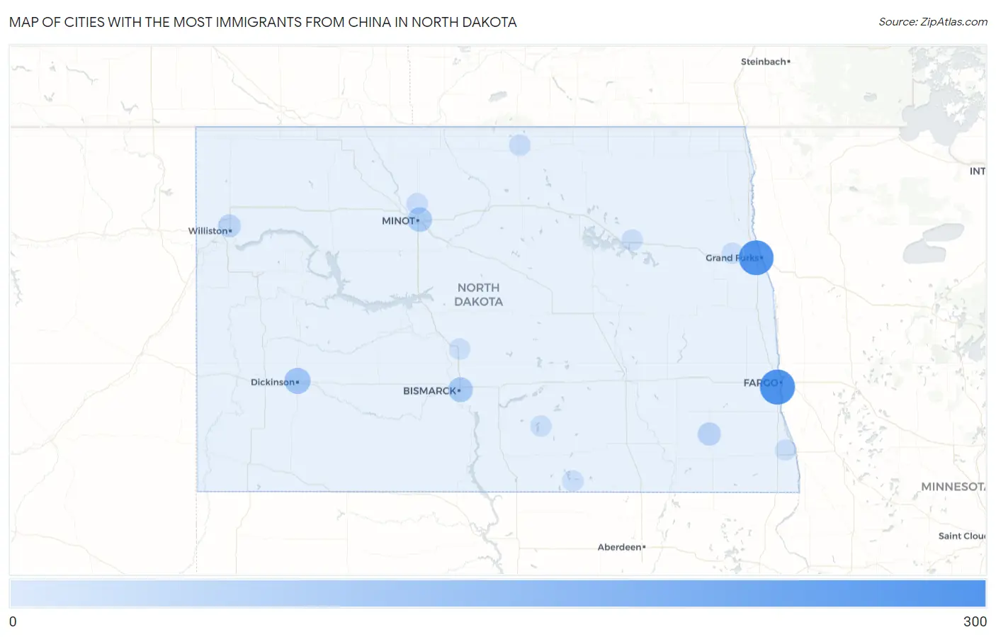 Cities with the Most Immigrants from China in North Dakota Map