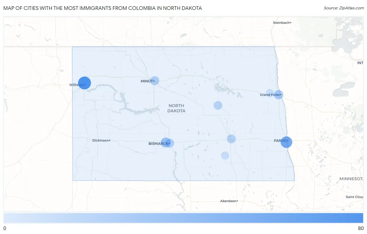 Cities with the Most Immigrants from Colombia in North Dakota Map