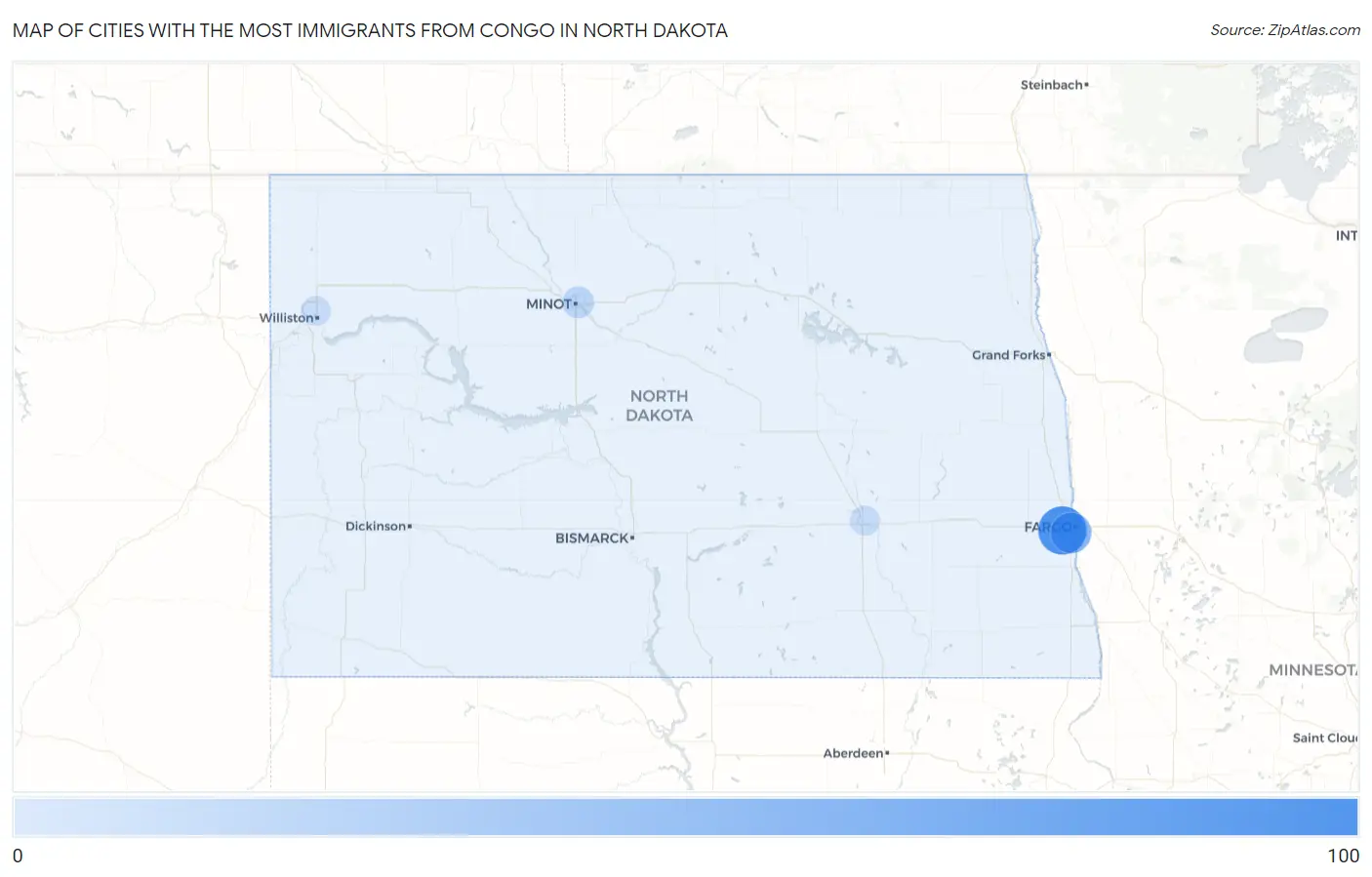 Cities with the Most Immigrants from Congo in North Dakota Map