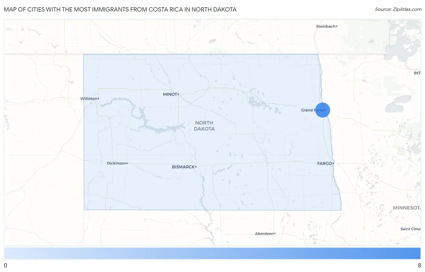 Cities with the Most Immigrants from Costa Rica in North Dakota Map