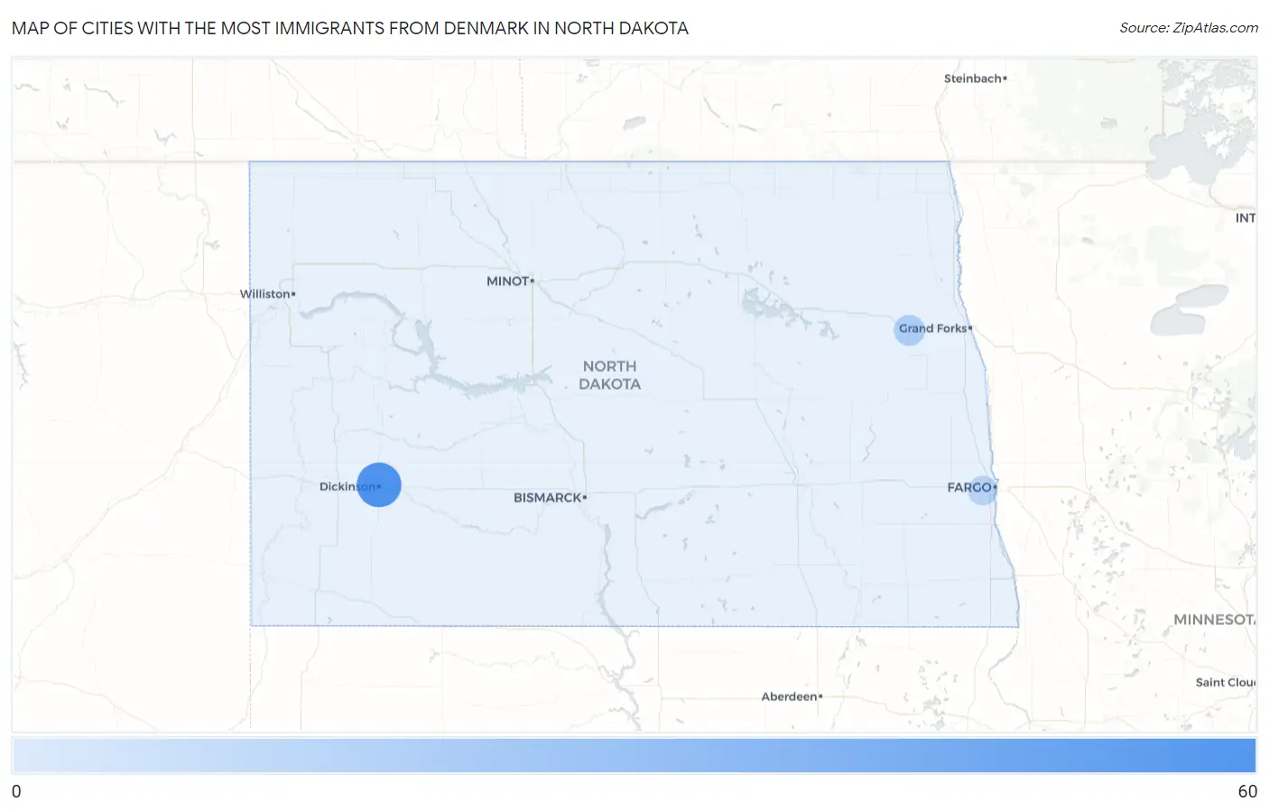 Cities with the Most Immigrants from Denmark in North Dakota Map