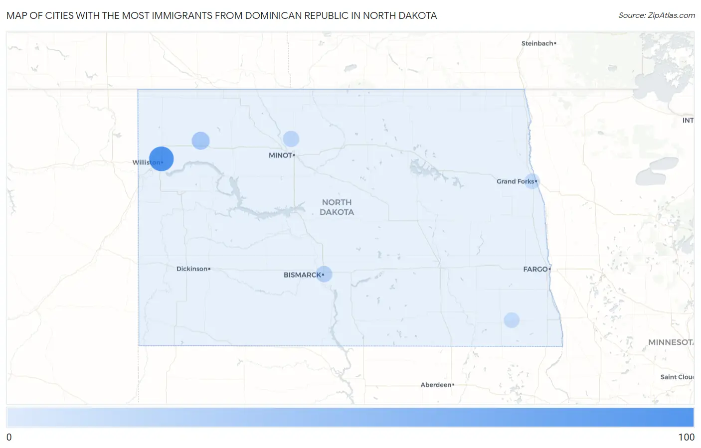 Cities with the Most Immigrants from Dominican Republic in North Dakota Map