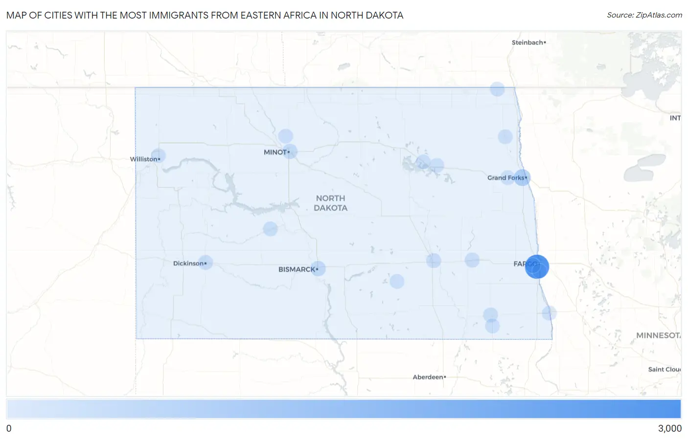 Cities with the Most Immigrants from Eastern Africa in North Dakota Map