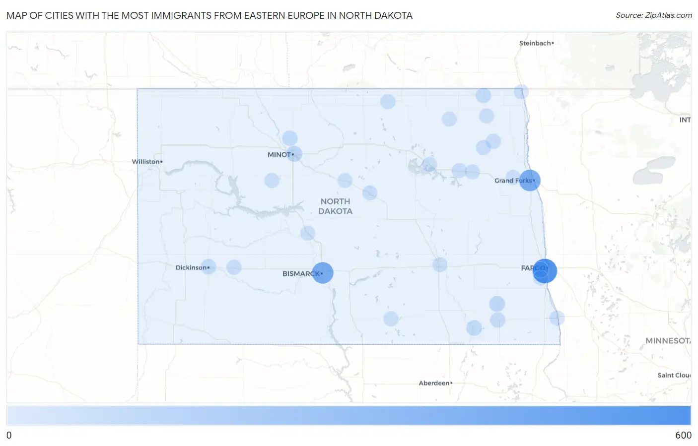 Cities with the Most Immigrants from Eastern Europe in North Dakota Map