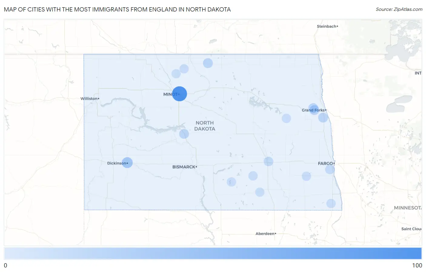 Cities with the Most Immigrants from England in North Dakota Map