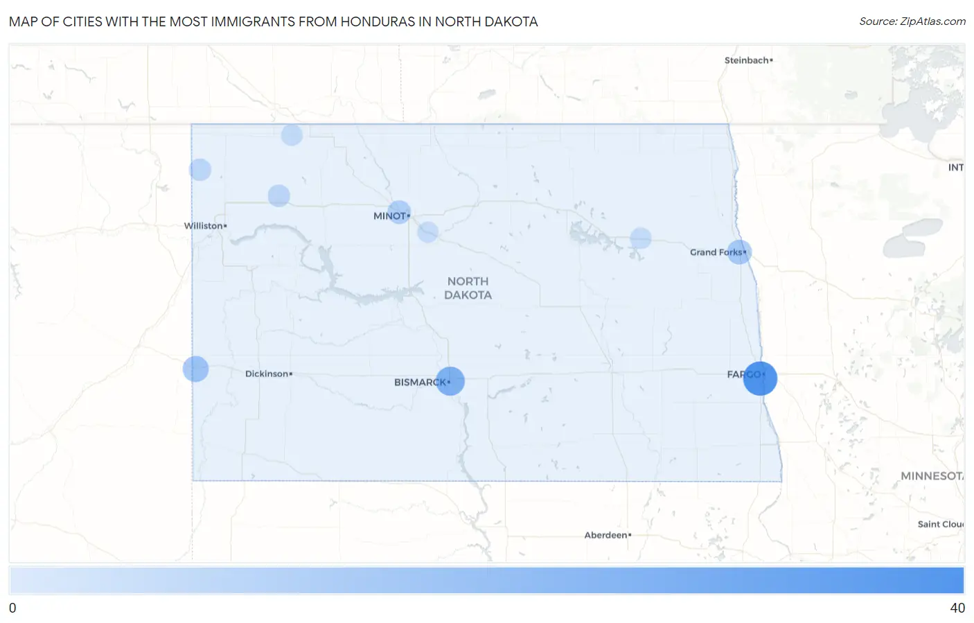 Cities with the Most Immigrants from Honduras in North Dakota Map