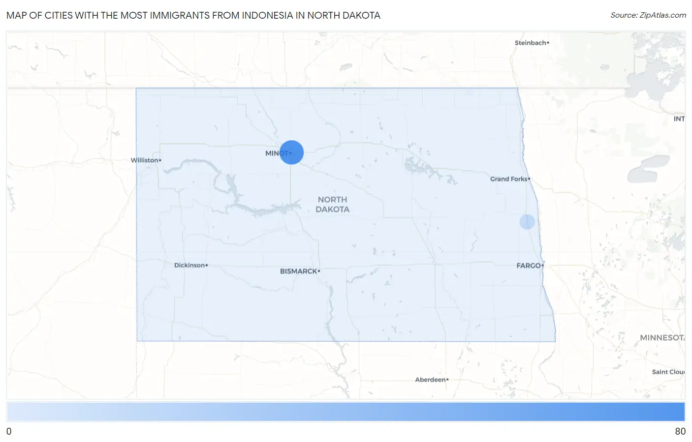 Cities with the Most Immigrants from Indonesia in North Dakota Map