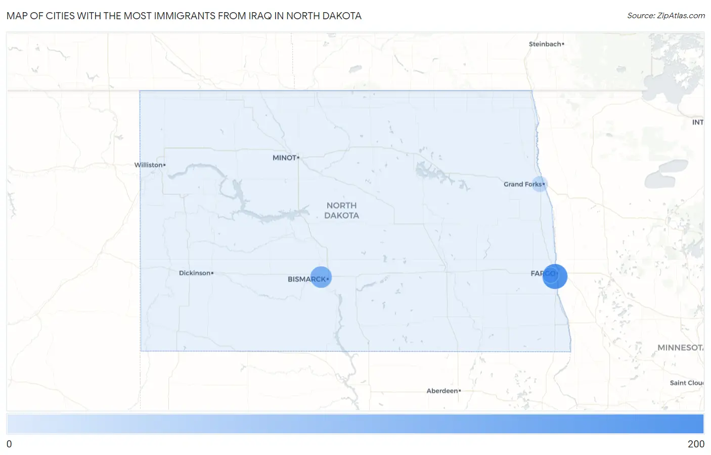 Cities with the Most Immigrants from Iraq in North Dakota Map
